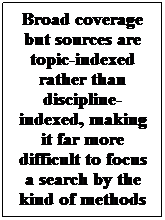 Text Box: Broad coverage but sources are topic-indexed rather than discipline-indexed, making it far more difficult to focus a search by the kind of methods you want to use.
